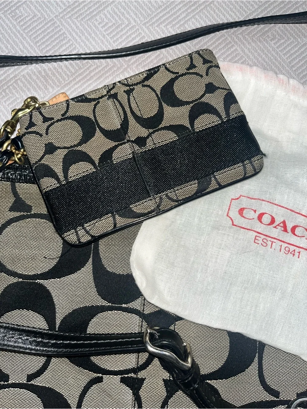 Coach Black & Beige Signature Canvas Shoulder Bag with Coin Pouch